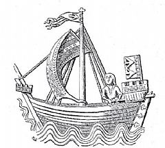 Tegning av en kogge etter et bysegl fra hansabyen Stralsund i middelalderen. Foto fritt tilgjengelig på Wikimedia Commons