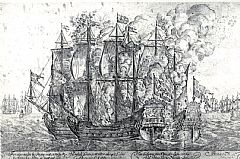Defensjonsskipene Gyldenløwes Waaben og St. Franciscus i kamp med en algirsk korsar (et sjørøverskip) utenfor Cap Espichel 3. mai 1672. Foto: Bergens Sjøfartsmuseum.