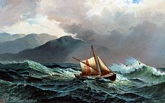 Losbåt i høy sjø, maleri av H.Johnsen. Norsk Maritimt Museum.