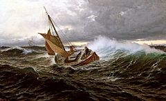 Losbåten går ut. Maleri av Th. Holmboe.    