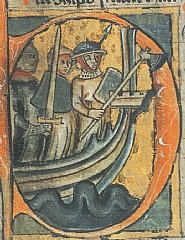 Leidangsskip malt i initialen til Landevernbolken i Landsloven i lovhåndskriftet Codex Hardenbergianus fra første halvdel av 1300-tallet. Illustrasjon fra Helle 2001.