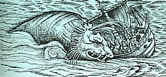 Monsterhval som angriper og senker et skip. Dyret har i likhet med spermhvalen tenner i underkjeven, men samtidig barder i en krans rundt nakken. Fra pustehullene spruter den vann inn over skipet. Original ca. 1550 av Ulisse Aldrovandi (1522-1605).