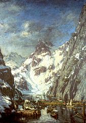 Trollfjordslaget, maleri av svolværkunstneren Gunnar Berg (1863-1893). Foto: Gullik Hasselberg, Galleri Gunnar Berg.